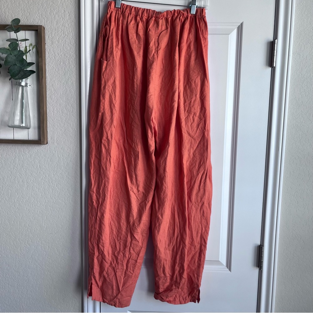 Flax linen orange lagenlook elastic waist pull on pants